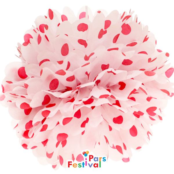 گل کاغذی سفید با خال قرمز (پام پام-POM POM) - قطر 30 سانت - گل کاغذی خالدار 